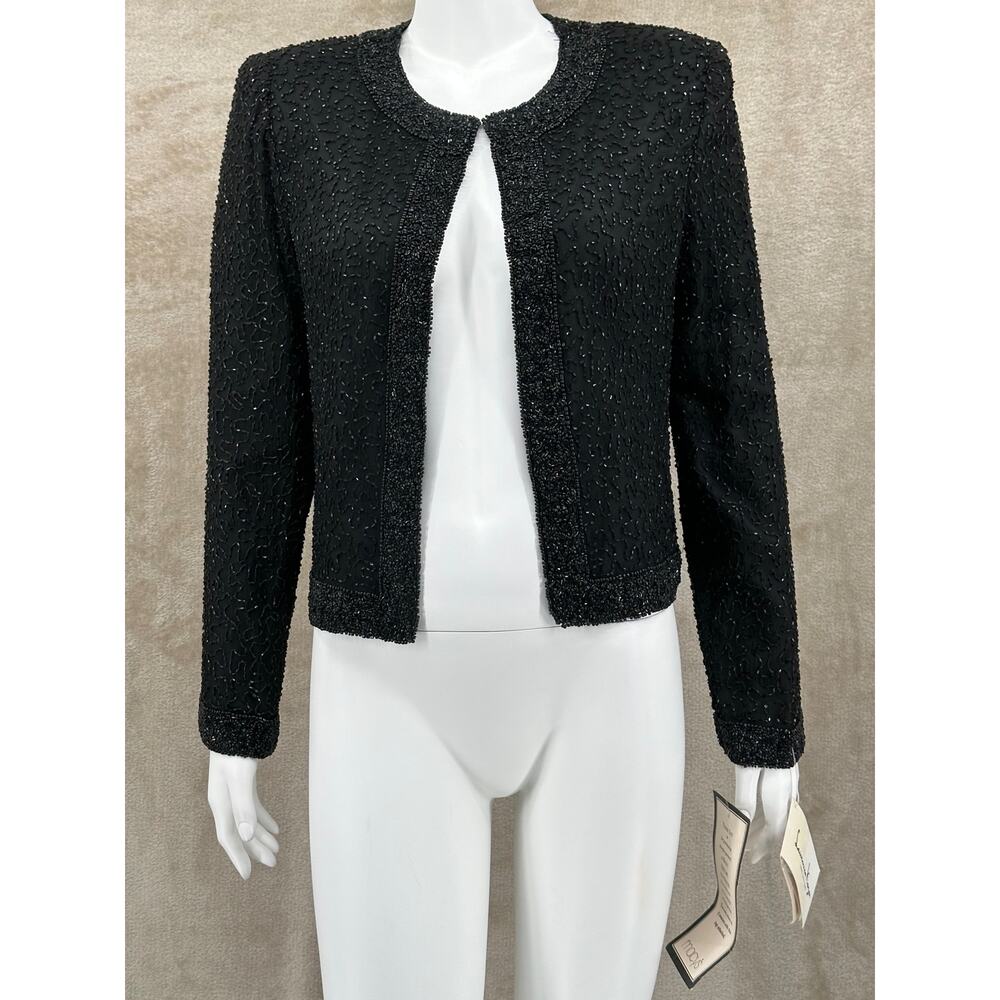 Vintage Laurence Kazar Jacket Women Medium Black Silk Beaded Blazer Cocktail NWT